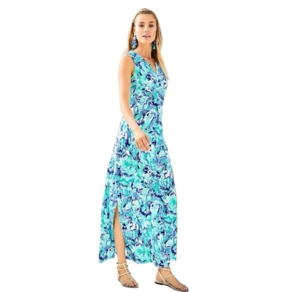 Lilly‎ Pulitzer Women’s M Essie Maxi Dress Elephant Appeal Tropical Turquoise - Picture 1 of 15